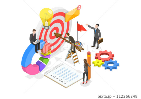 3D Isometric Flat  Conceptual Illustration of Business Goal, Target Achievement 112266249