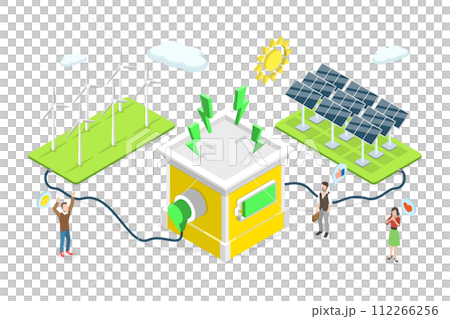 3D Isometric Flat Conceptual Illustration of Alternative Resources, Backup Power Green Energy Storage System 3D Isometric Flat Conceptual Illustration of Alternative Resources, Backup Power Green Energy Storage System 112266256
