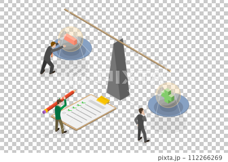 3D Isometric Flat  Conceptual Illustration of Pros And Cons, Choice Between Positive and Negative Arguments 112266269
