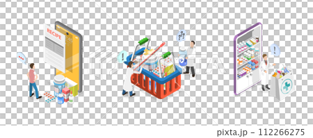 3D Isometric Flat  Conceptual Illustration of Pharmacy Store, Online Drugstore Service 112266275