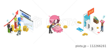 3D Isometric Flat  Conceptual Illustration of Money And Finances, Bill Payment, Bankruptcy 112266281