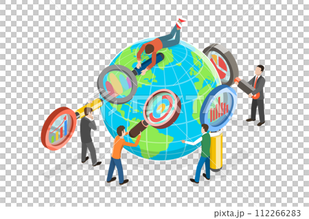 3D Isometric Flat  Conceptual Illustration of Global Market Analysis, Globalization and International Trade 112266283