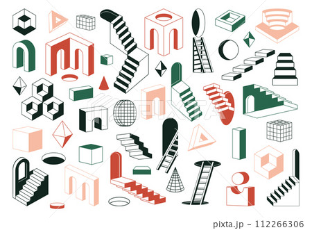 Abstract surreal stairs. Geometric monochrome ladders and minimal outline elements flat vector illustration set. Minimal design ladders collection 112266306