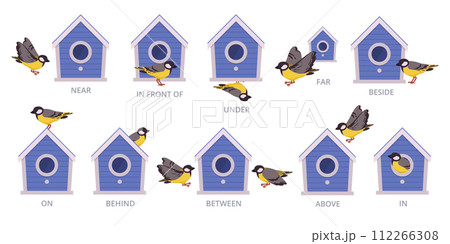 Birdhouse English prepositions. Birds position of bird house, above, around and above flat vector illustration set. Preposition school education 112266308