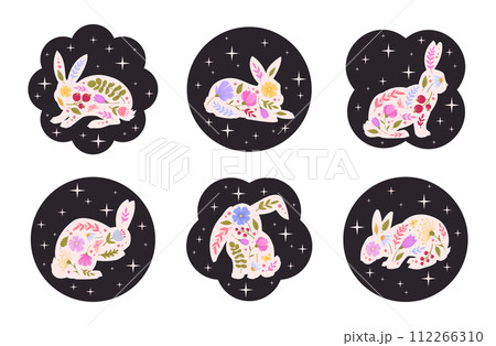 Bunny silhouettes. Easter rabbits with spring flowers, cute easter hares decorative stamps flat vector illustration set. Spring holidays bunnies labels 112266310