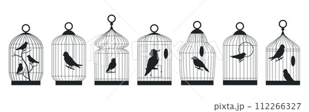 Metal birds cages silhouettes. Birds cages with domestic birds, finch, cockatoo, canary and budgie sitting in cages flat vector illustration set. Cages silhouette collection Metal birds cages silhouettes. Birds cages with domestic birds, finch, cockatoo, canary and budgie sitting in cages flat vector illustration set. Cages silhouette collection 112266327