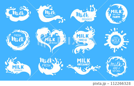 Milk splash labels. Cartoon cow or goat milk flows logos, white dairy product splash drops with lettering flat vector illustration set. Fresh milky splash logo collection 112266328