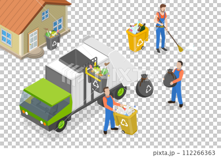 3D Isometric Flat  Conceptual Illustration of Trash Pickup Services 112266363