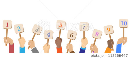 Flat  Conceptual Illustration of Hands Holding Scorecards 112266447