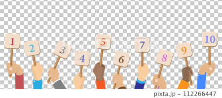 Flat  Conceptual Illustration of Hands Holding Scorecards 112266447