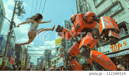 ロボットにジャンプキックしようとする少女 112266524