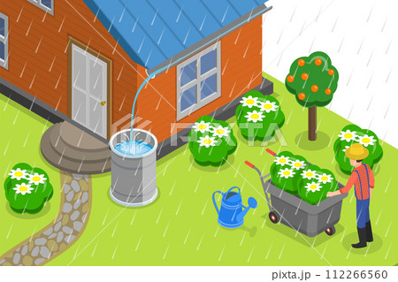 3D Isometric Flat  Conceptual Illustration of Rainwater Harvesting 112266560