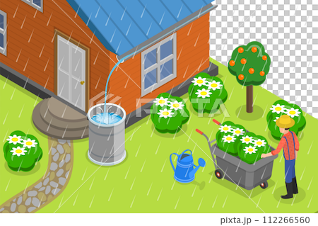 3D Isometric Flat  Conceptual Illustration of Rainwater Harvesting 112266560