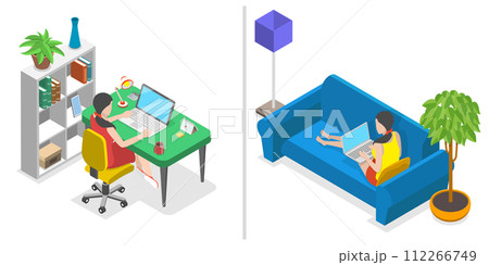 3D Isometric Flat  Conceptual Illustration of Working From Home Vs. Office 112266749