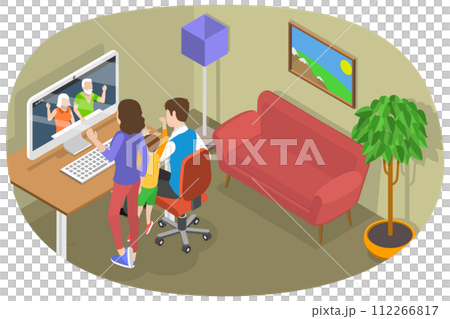 3D Isometric Flat Conceptual Illustration of Family Video Call 3D Isometric Flat Conceptual Illustration of Family Video Call 112266817