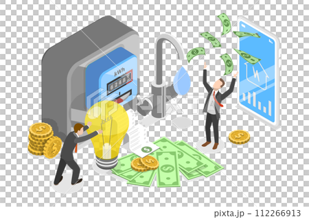 3D Isometric Flat  Conceptual Illustration of Water And Electricity Consumption Expenses 112266913