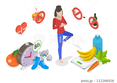 3D Isometric Flat  Conceptual Illustration of Healthy Lifestyle 112266916