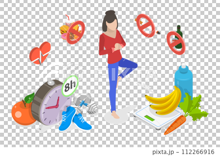 3D Isometric Flat  Conceptual Illustration of Healthy Lifestyle 112266916
