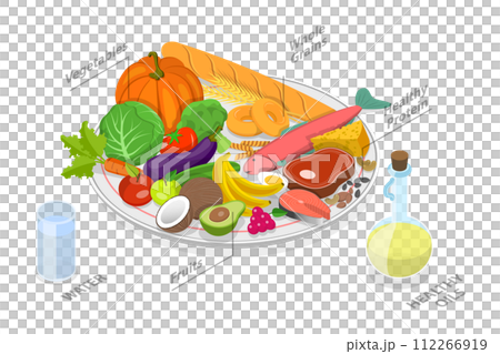 3D Isometric Flat Conceptual Illustration of Healthy Eating Plate 3D Isometric Flat Conceptual Illustration of Healthy Eating Plate 112266919