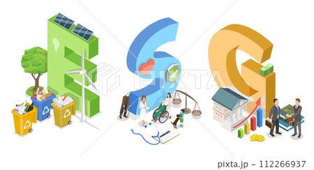 3D Isometric Flat  Conceptual Illustration of ESG as Environmental, Social and Governance 112266937