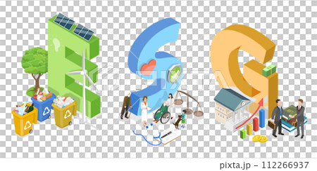 3D Isometric Flat  Conceptual Illustration of ESG as Environmental, Social and Governance 112266937