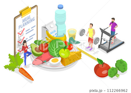 3D Isometric Flat  Conceptual Illustration of Meal Planning 112266962