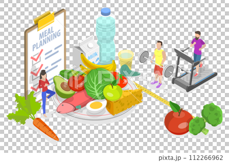 3D Isometric Flat  Conceptual Illustration of Meal Planning 112266962