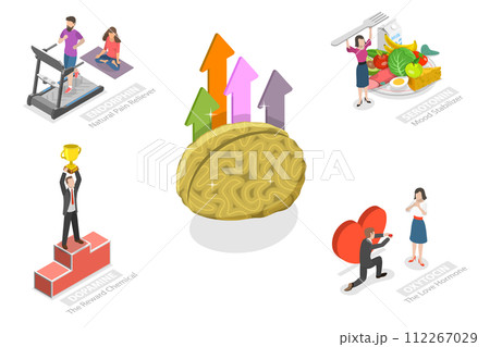 3D Isometric Flat Conceptual Illustration of Happy Hormones 3D Isometric Flat Conceptual Illustration of Happy Hormones 112267029