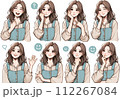 カジュアルな服装の女性 さまざまな表情やしぐさのイラスト 112267084