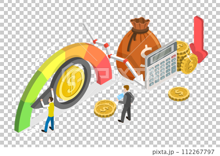 3D Isometric Flat  Conceptual Illustration of Cost Reduction 112267797