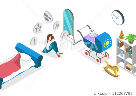 3D Isometric Flat  Conceptual Illustration of Postpartum Depression 112267798