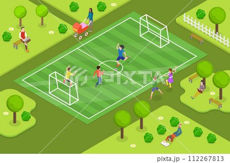 3D Isometric Flat  Conceptual Illustration of Childrens Soccer 112267813
