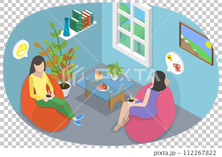 3D Isometric Flat  Conceptual Illustration of Drinking Tea With Friend 112267822