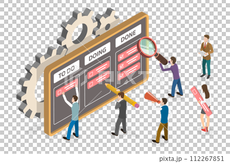 3D Isometric Flat  Conceptual Illustration of Kamban Software Development Methodology, Project Management System 112267851