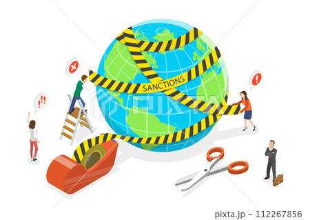 3D Isometric Flat  Conceptual Illustration of Economic Sanctions, Global Blocking Bank Accounts 112267856