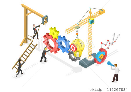 3D Isometric Flat  Conceptual Illustration of Project Execution, Strategic Planing and Management 112267884