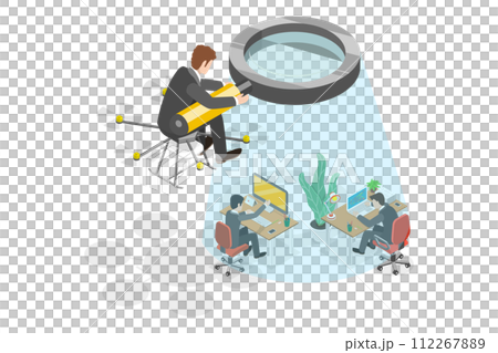 3D Isometric Flat  Conceptual Illustration of Boss Spying at Work, Corporate Control 112267889