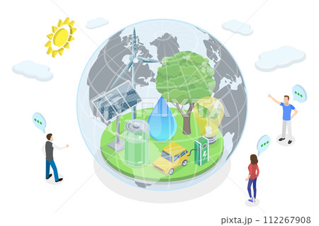 3D Isometric Flat  Conceptual Illustration of Green Energy Sources, Sustainable Lifestyle 112267908