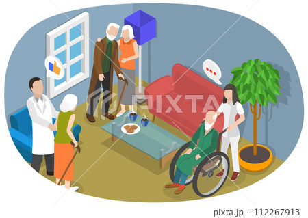 3D Isometric Flat Conceptual Illustration of Nursing Home Service, Healthcare and Social Support 3D Isometric Flat Conceptual Illustration of Nursing Home Service, Healthcare and Social Support 112267913