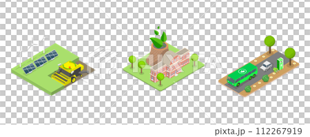 3D Isometric Flat  Conceptual Illustration of Sustainable Lifestyle, Green Electricity, Food Production and Transportation 112267919