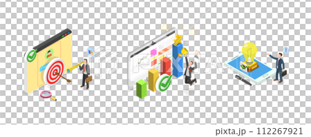 3D Isometric Flat  Conceptual Illustration of Personal Development, Completing Task and Reaching Goal 112267921