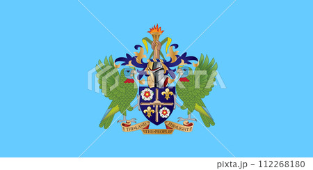 The official current flag and coat of arms of Saint Lucia. State flag of Saint Lucia. Illustration. 112268180
