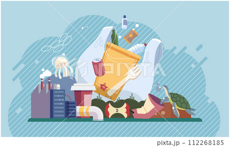 Waste pollution. Vector illustration. The poisoning ecosystems through waste contamination poses severe threat to biodiversity Recycling plays important role in reducing waste and promoting circular 112268185