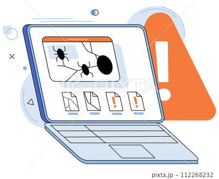 Virus alert, laptop with bugs, alert notification, hacking attack, cybersecurity, fraud internet error. Hacking smartphone user database. New technologies security. Information security vulnerability 112268232