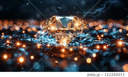 A diamond shines in electric blue on a dark landscape 112268351