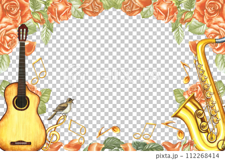 The frame is musical with a saxophone, piano keys, roses and a treble clef. The watercolor illustration is hand-drawn. For posters, flyers and invitation cards. For greeting cards and certificates. The frame is musical with a saxophone, piano keys, roses and a treble clef. The watercolor illustration is hand-drawn. For posters, flyers and invitation cards. For greeting cards and certificates. 112268414