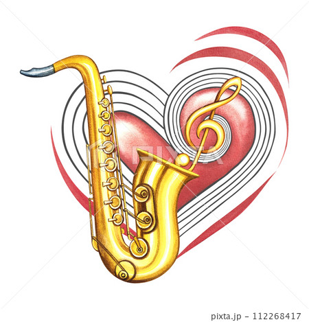 A golden saxophone on the background of a red musical heart with a treble clef. The watercolor illustration is hand-drawn. For logos, badges, stickers and prints. For postcards, business cards, flyer. 112268417