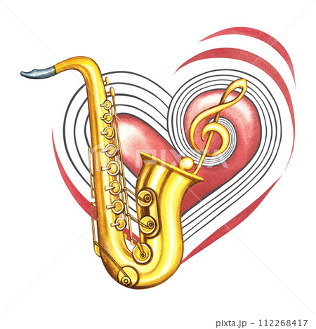 A golden saxophone on the background of a red musical heart with a treble clef. The watercolor illustration is hand-drawn. For logos, badges, stickers and prints. For postcards, business cards, flyer. A golden saxophone on the background of a red musical heart with a treble clef. The watercolor illustration is hand-drawn. For logos, badges, stickers and prints. For postcards, business cards, flyer. 112268417