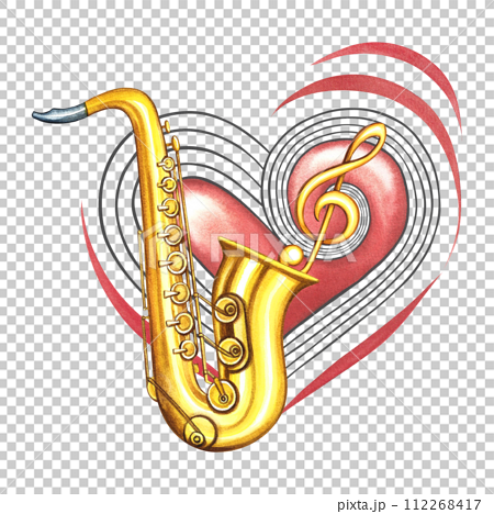 A golden saxophone on the background of a red musical heart with a treble clef. The watercolor illustration is hand-drawn. For logos, badges, stickers and prints. For postcards, business cards, flyer. 112268417