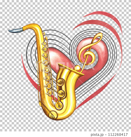 A golden saxophone on the background of a red musical heart with a treble clef. The watercolor illustration is hand-drawn. For logos, badges, stickers and prints. For postcards, business cards, flyer. 112268417